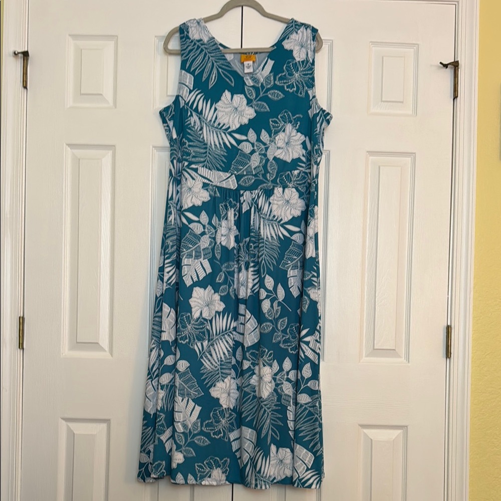 Ruby Rd. Teal and White Floral Midi Dress Size 1X